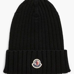 Moncler Logo Patch Cuff Virgin Wool Rib Beanie Winter Hat NWT Unisex